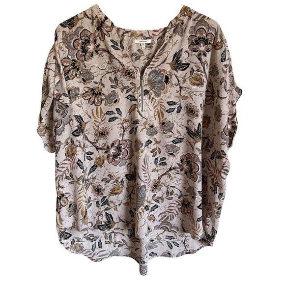 Maurices 2X Floral Zip Front V-Neck Short Sleeve Top Tan Black Polyester - Picture 1 of 7